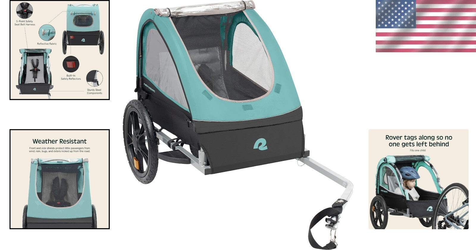 Weather-Resistant Children's Bike Trailer with Reflectors & Rear Storage