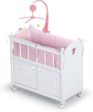 Load image into Gallery viewer, Heirloom Wooden Doll Bed with Storage &amp; Musical Mobile, Personalized Kit - 22in