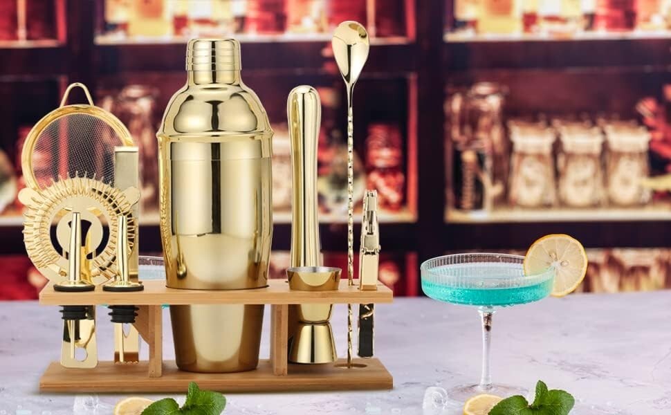 Luxury 11-Piece Mixology Set in Matte Gold - Includes Shaker, Muddler & More