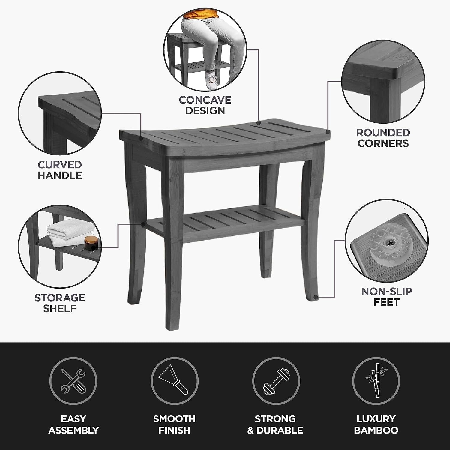 Bamboo Shower Bench - Elegant Grey Stool with Non-Slip Feet for Ultimate Safety