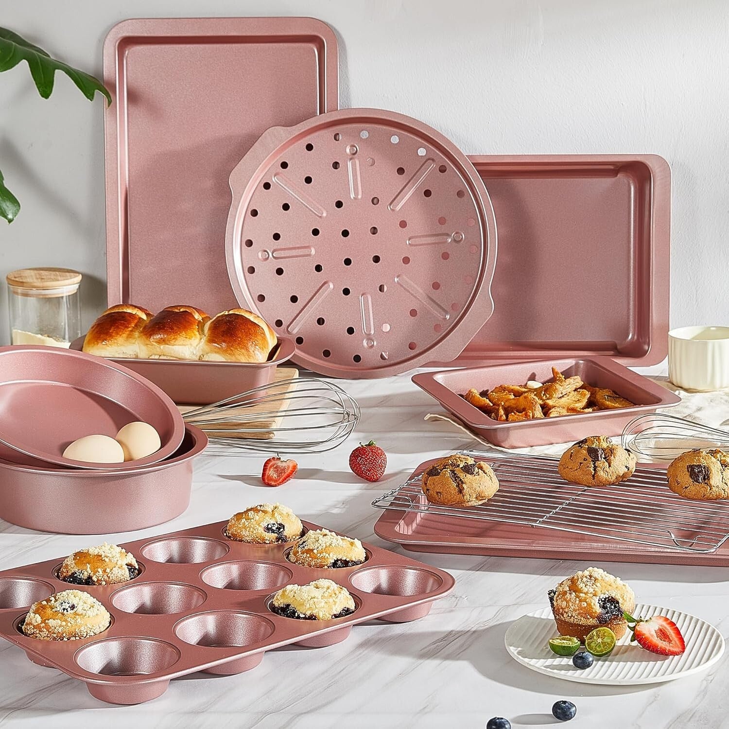 Durable 10-Piece Nonstick Baking Set - Safe, Stylish, and Stackable Pink Design