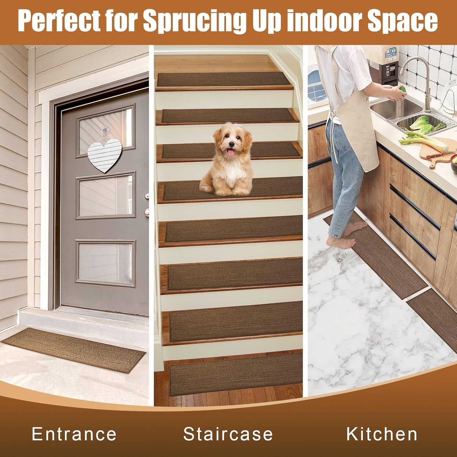 15-Pack Machine Washable Stair Treads for Wooden Steps - Brown Comfort Solution