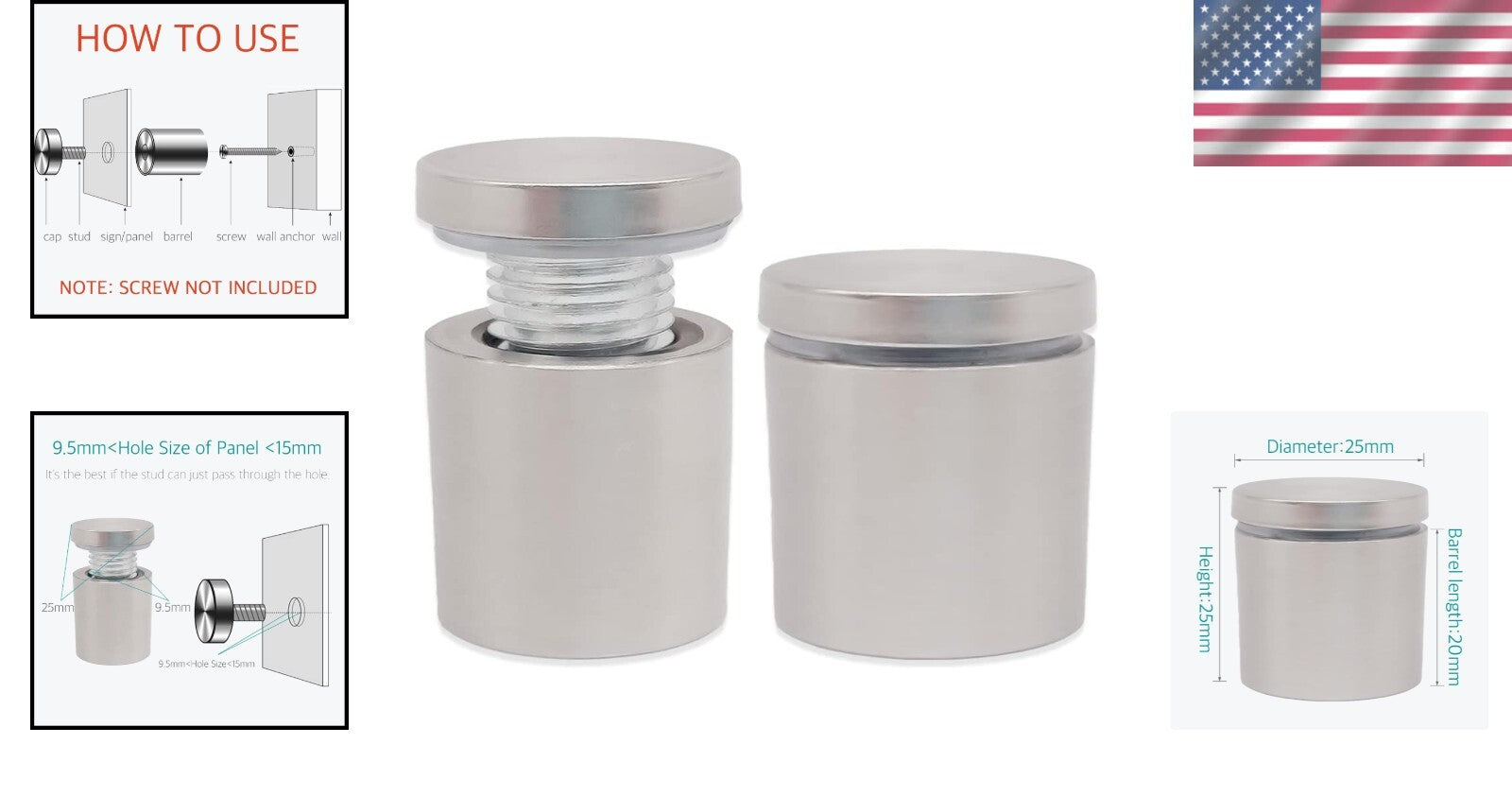 50 Stainless Steel Standoffs - 1 X 1 Inch Mounts for Glass Panels and Signs