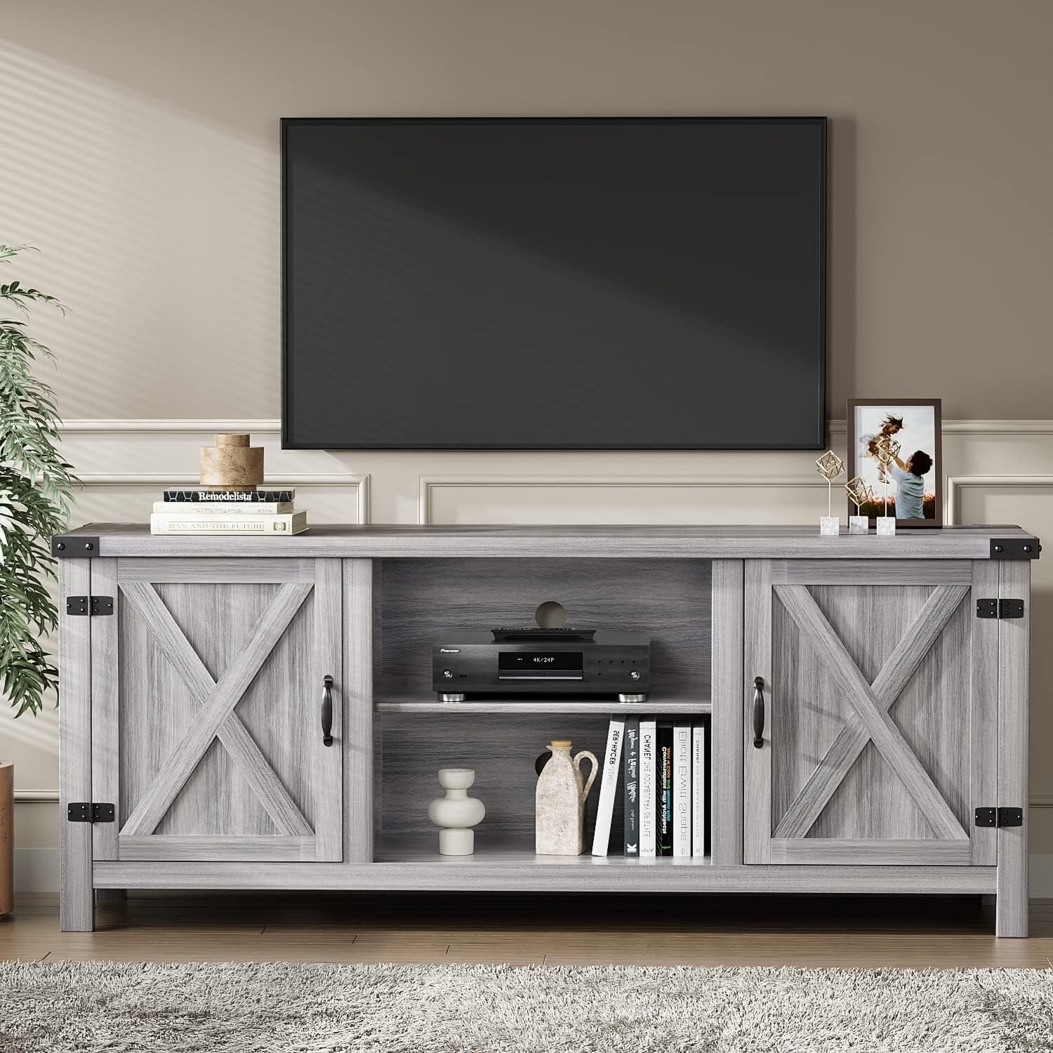 Rustic Gray Wash Barn Door Media Console - Ideal for Living Room and TV Storage