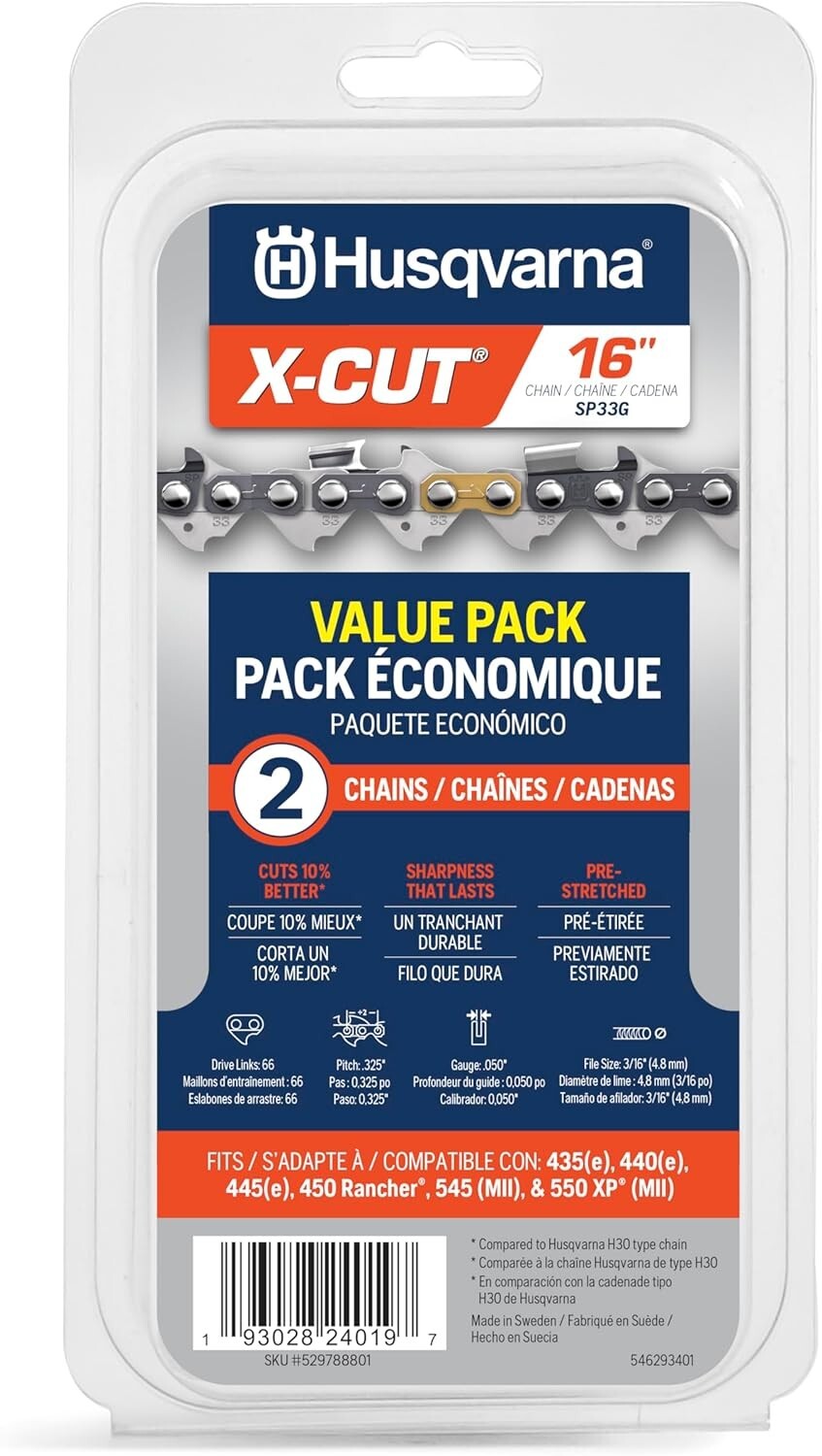 16 Inch Chainsaw Chain - X-Cut SP33G, Low Kickback, Perfect for Arborists - 2pk