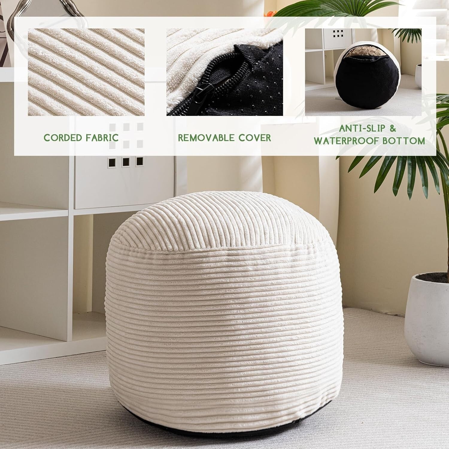Fluffy Round Pouf Ottoman - 20" Corduroy Stool with Storage for Living Room