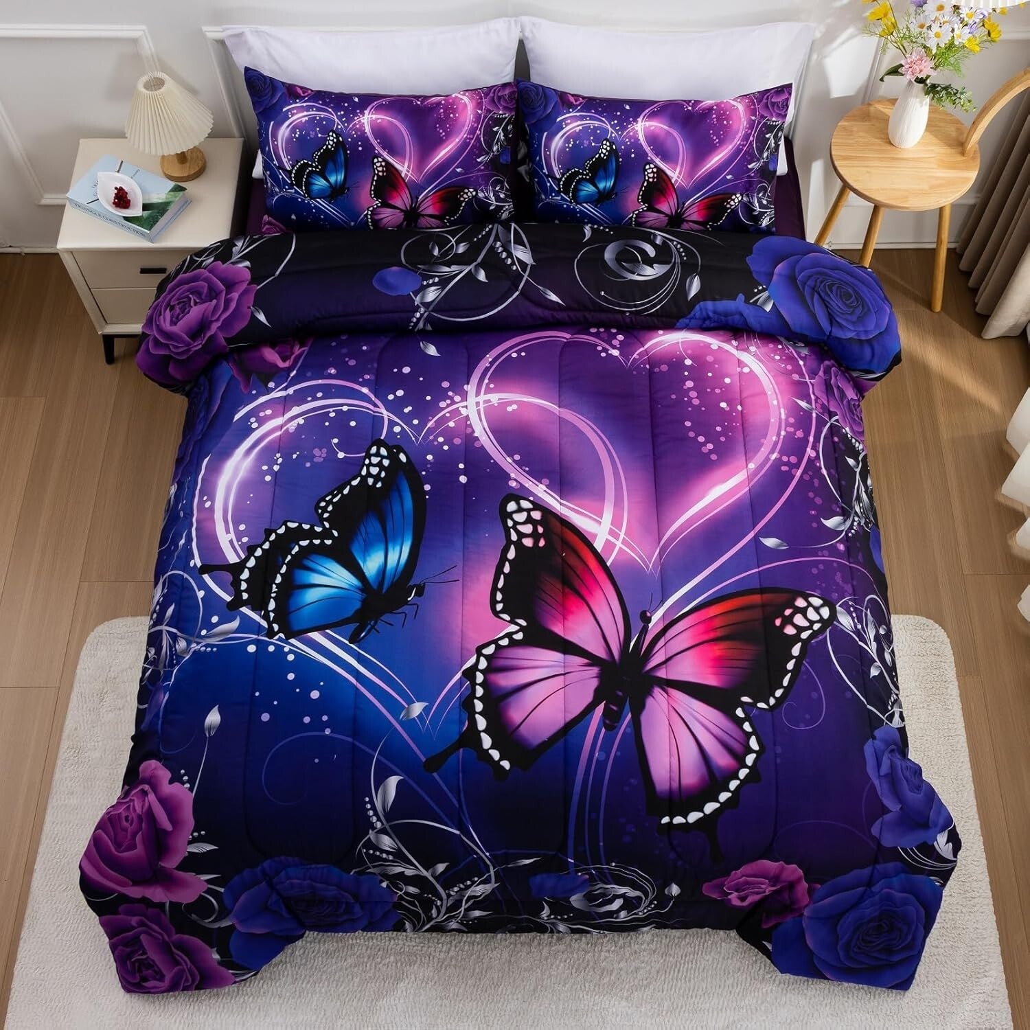 Galaxy 6pc Twin Comforter Set: Dreamy 3D Butterfly Print in Purple & Blue