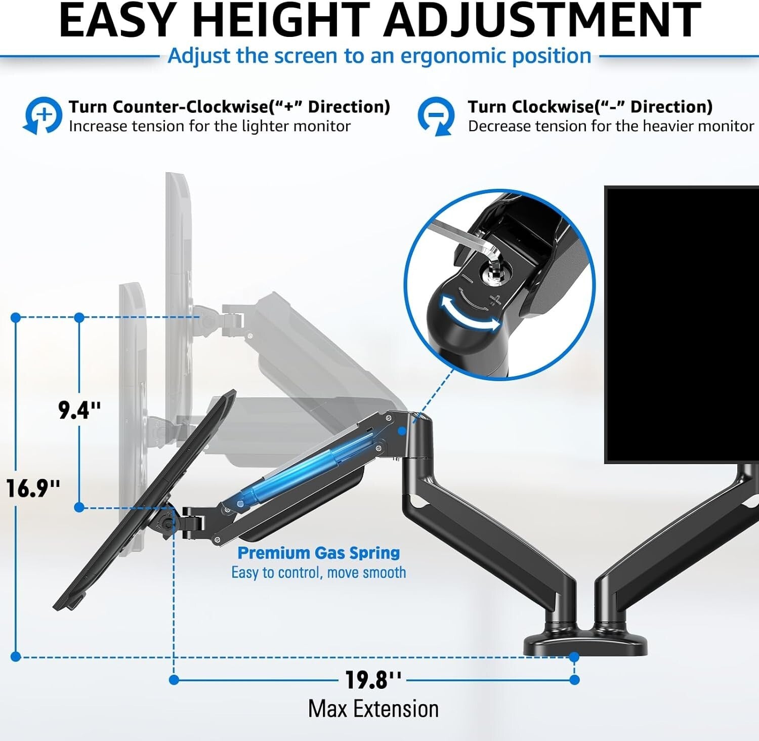 Height Adjustable Dual Monitor Arm with C-Clamp & Grommet Base - Black, Max 32"