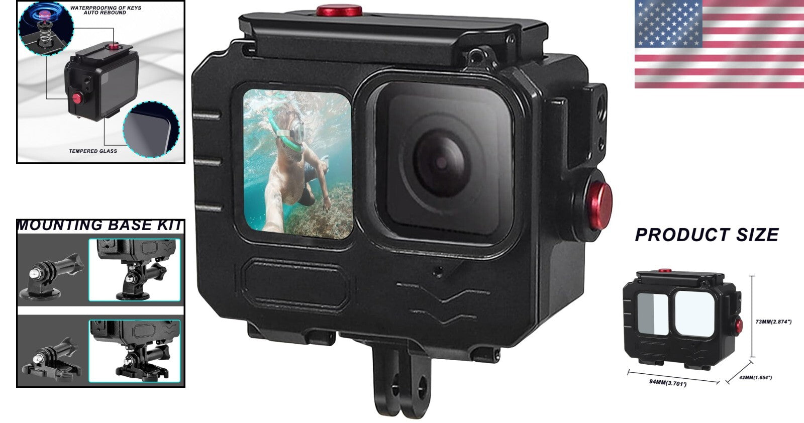 GoPro Hero 13/12/11/10/9 Waterproof Case with Handlebar Mount - Max Depth 263FT