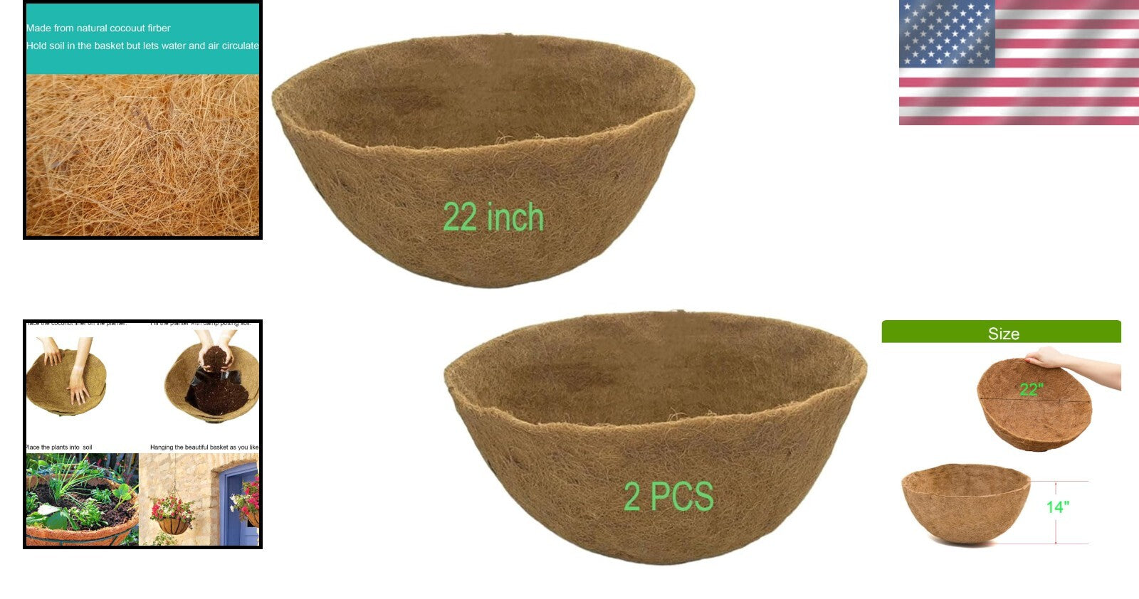2 PCS 22" Round Coco Liners for Planters - Breathable Coconut Fiber Replacement