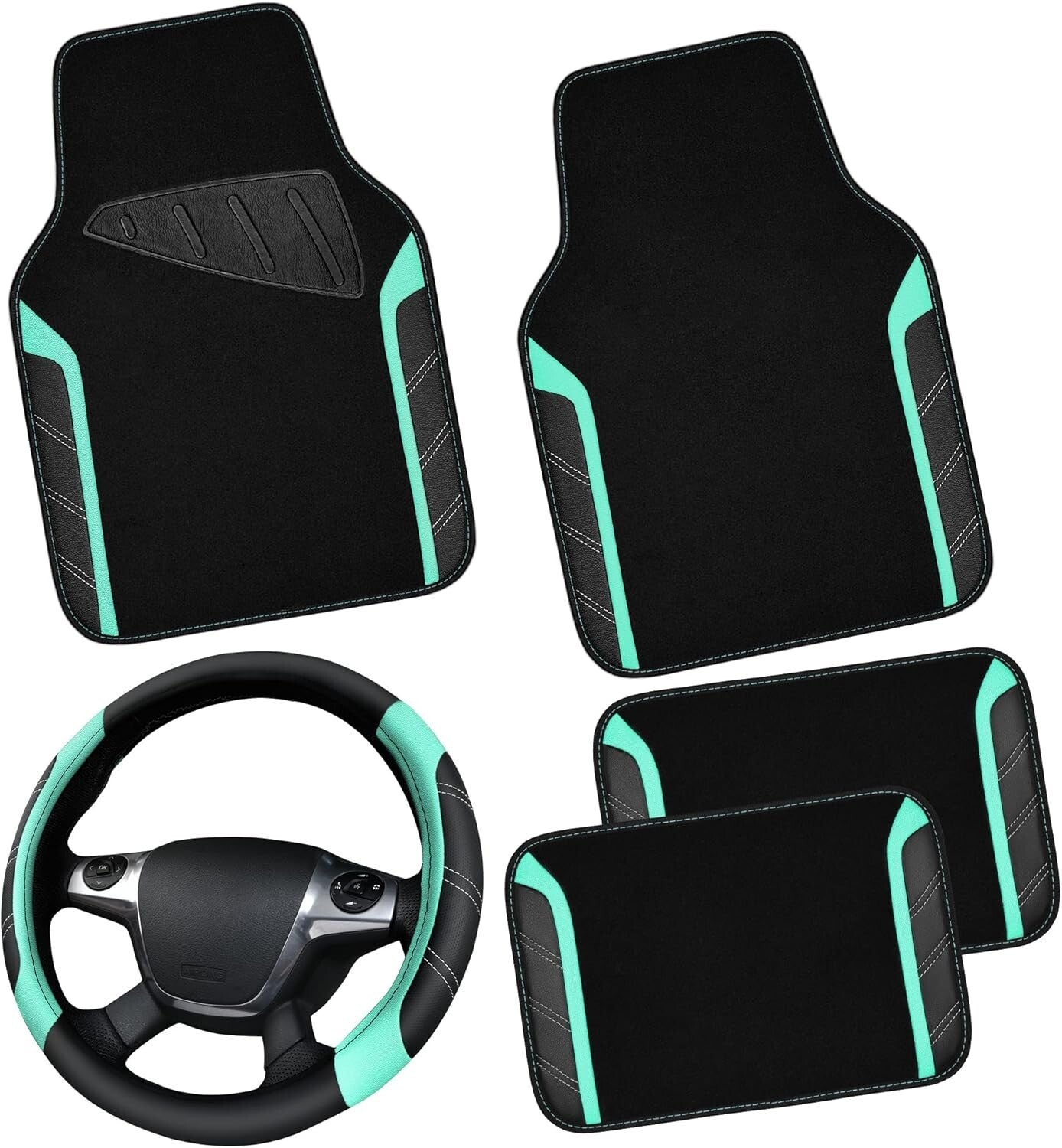 Microfiber Leather Steering Wheel Cover & Waterproof Mats - Universal Fit Combo
