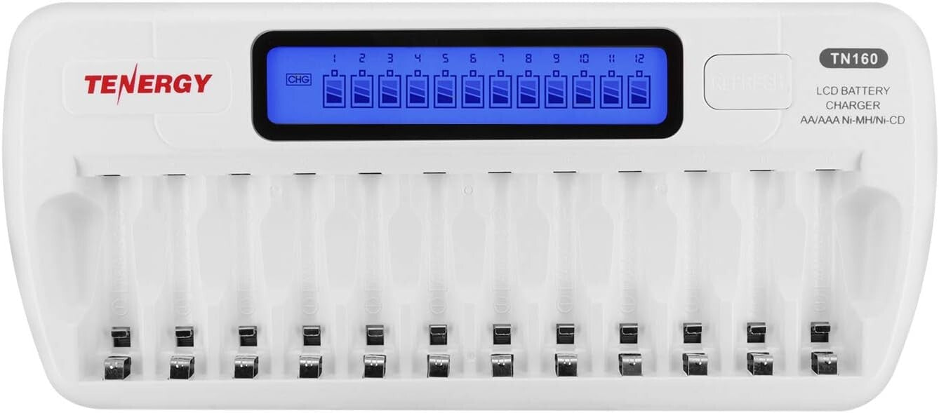 Lightweight 12-Battery Charger for Rechargeable AA/AAA With Easy LCD Monitoring
