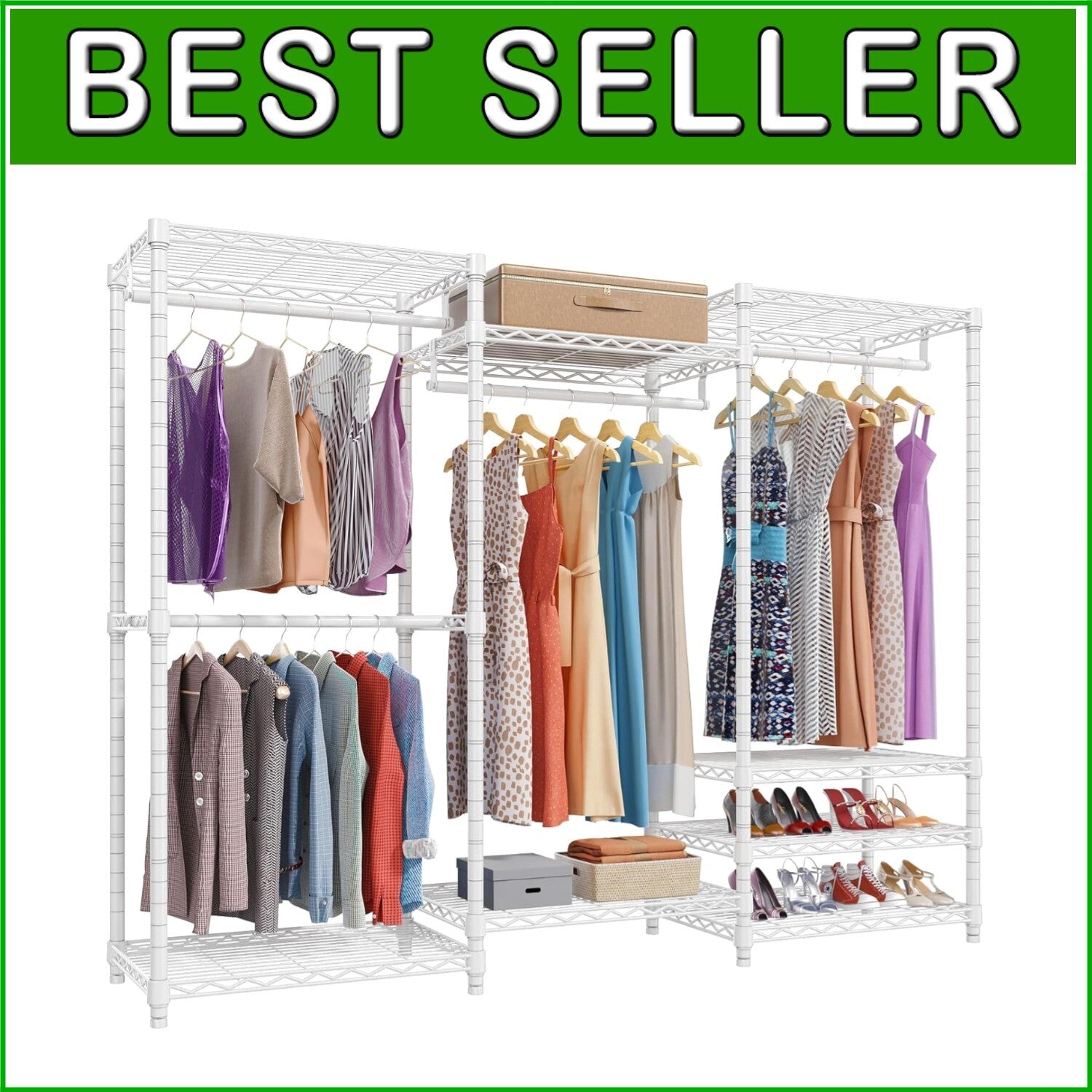Freestanding White Closet Wardrobe Rack - Supports 890 lbs, 8 Shelves Included