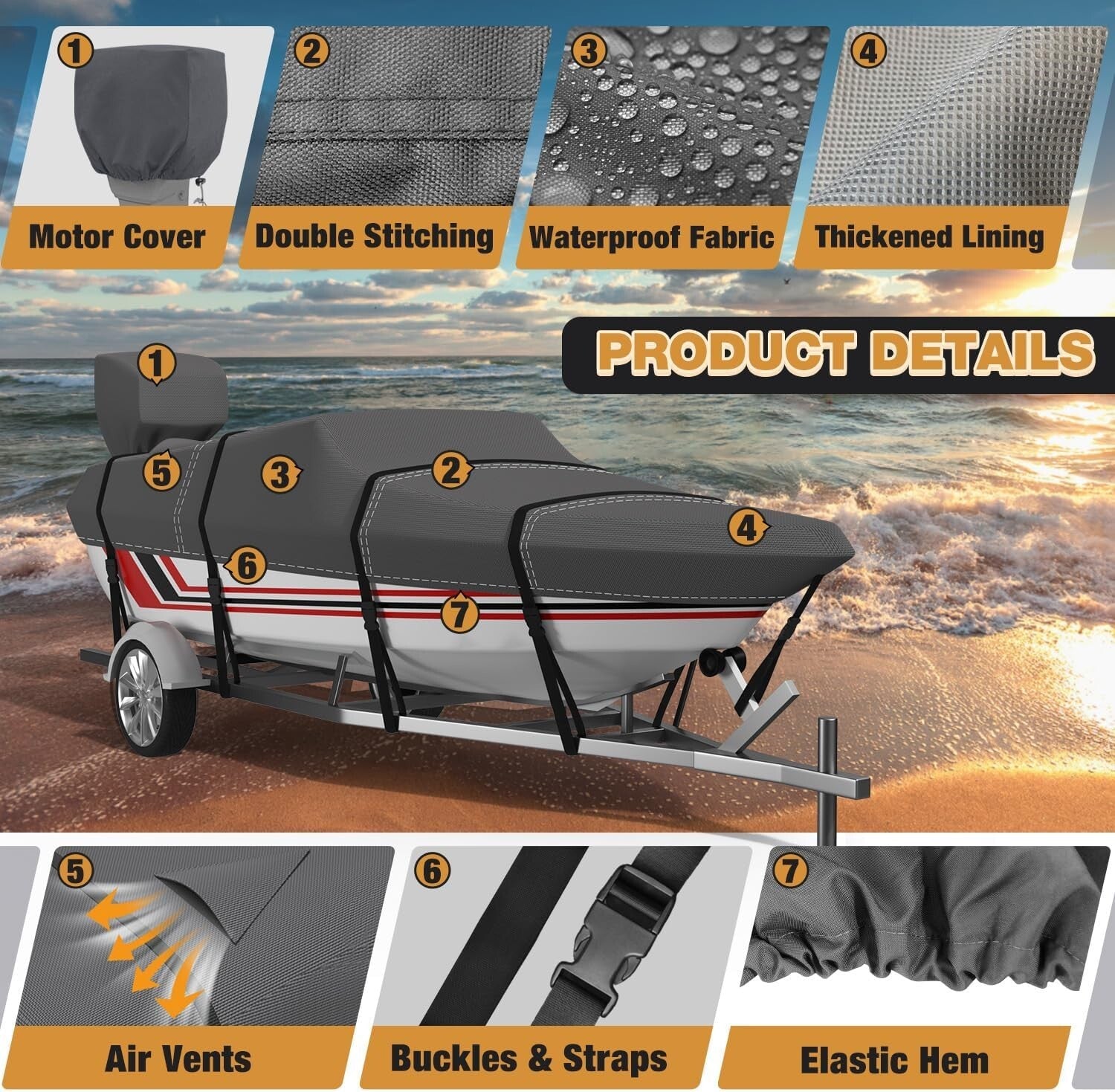 Durable Water-Resistant Boat Cover for 24-26 ft V-Hull Boats - 3 Year Warranty