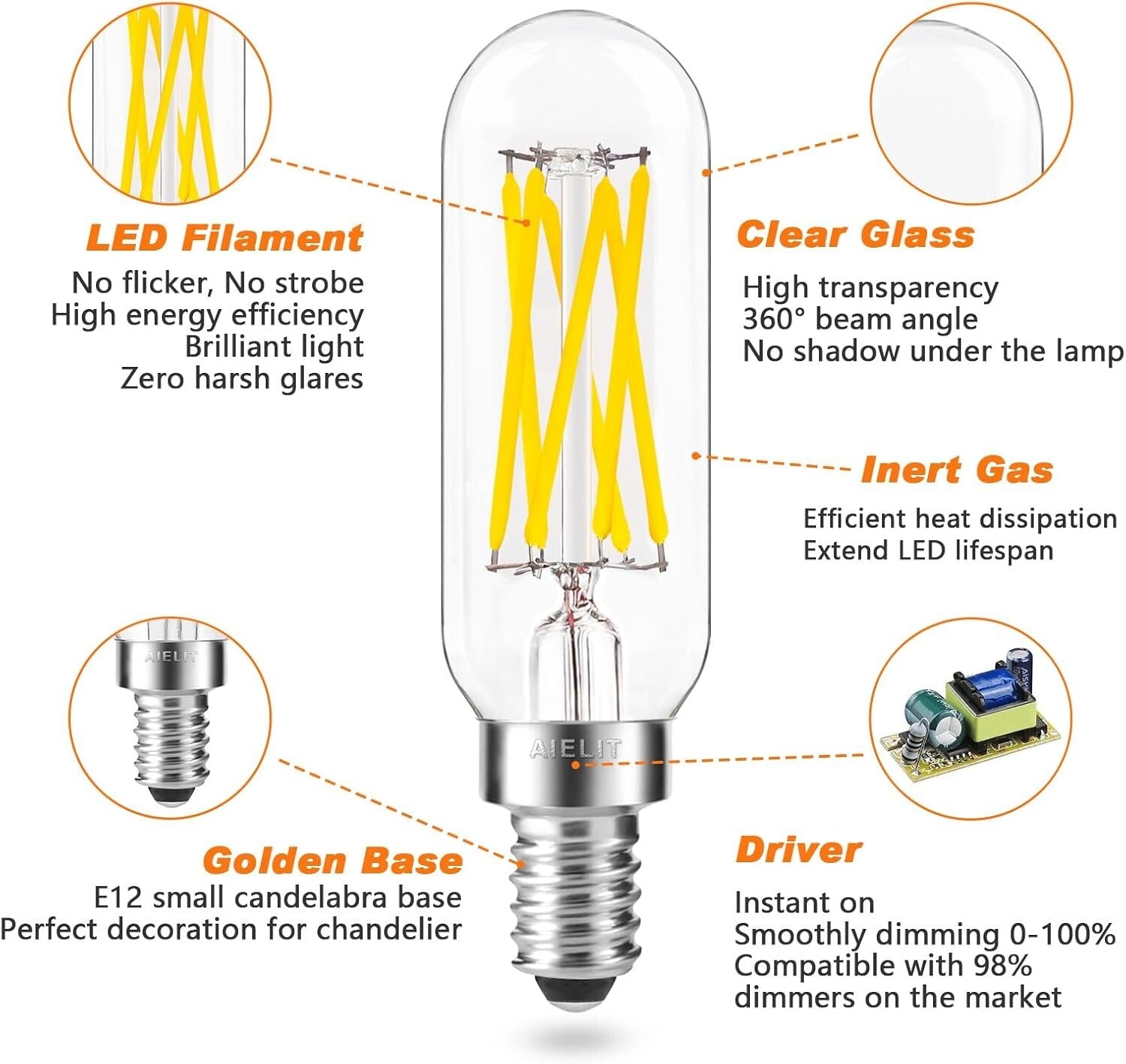 Eco-Friendly Dimmable Filament T8 LED Bulbs 5000K Bright White, 6W - 8 Pack