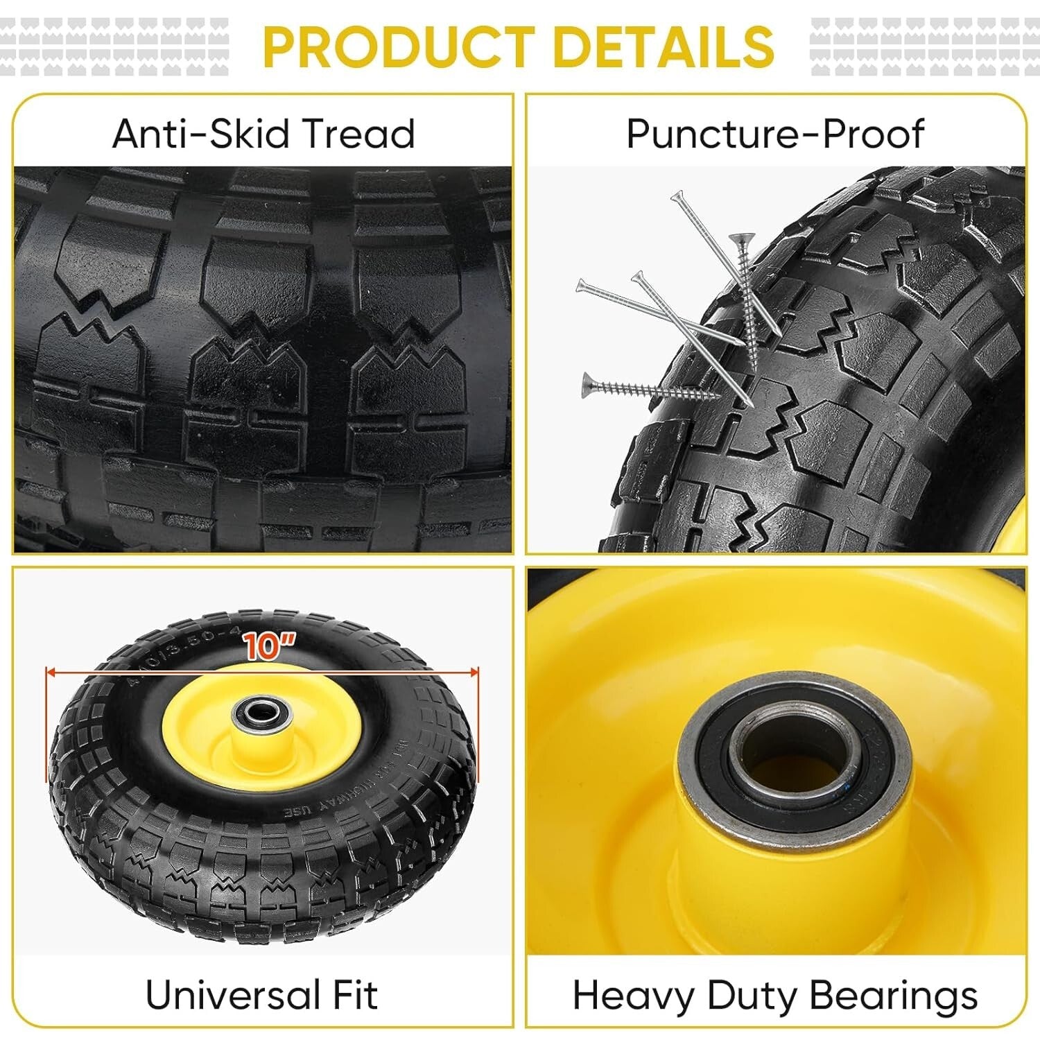Flat Free 13" Solid Tire & Wheel Set - Heavy-Duty 2 Pack for Garden & Cart