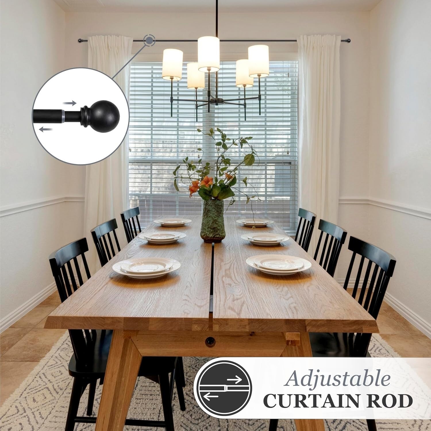 Durable Black Extendable Curtain Rods, 5/8" diameter, 4 Pack for Window Decor