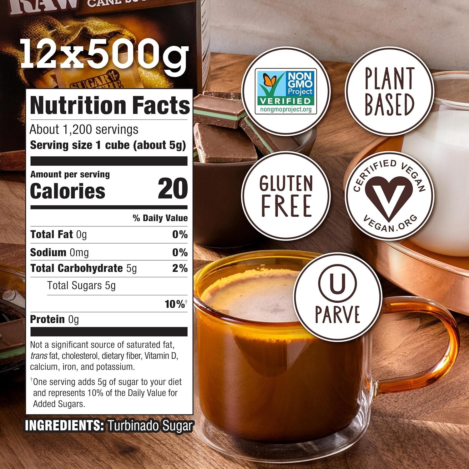 Turbinado Cane Sugar Cubes - Pure Natural Sweetener for Coffee & Tea, 25-Count