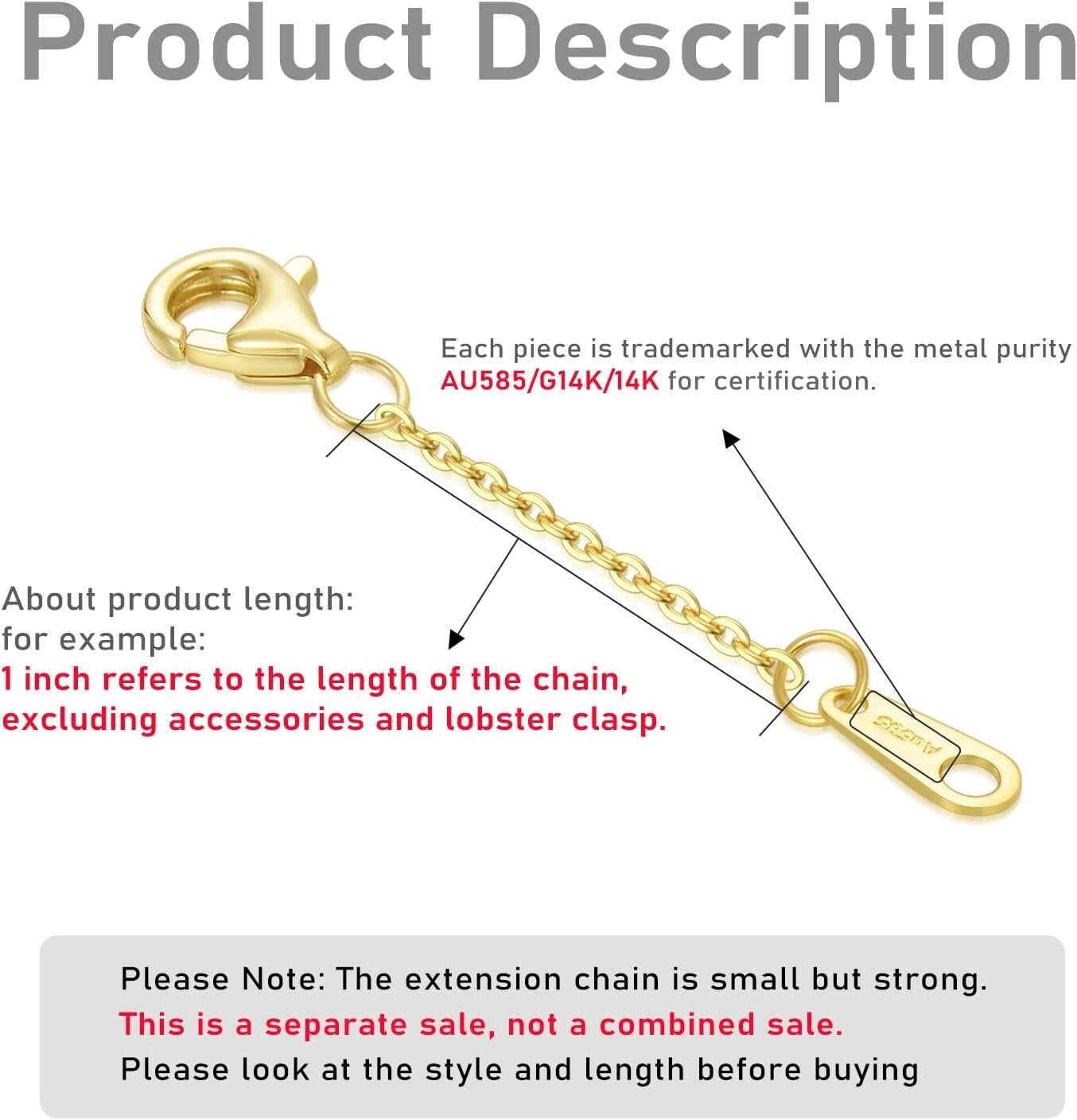 Hypoallergenic 14k Gold Jewelry Extender - 1" to 6" Lengths & Lobster Clasp