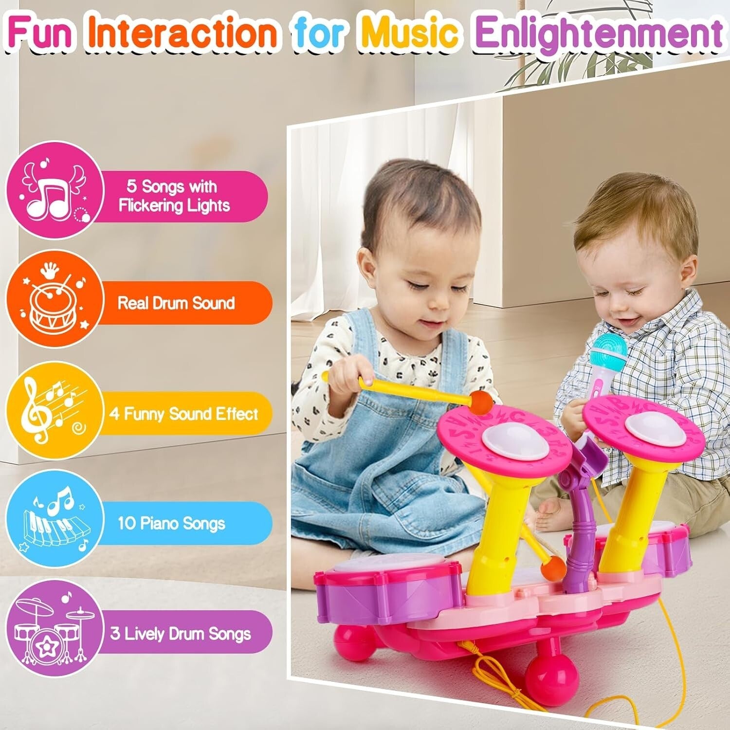 Fun Pink Drum Set Toy for 1-2 Year Old Girls - Perfect Early Development Gift