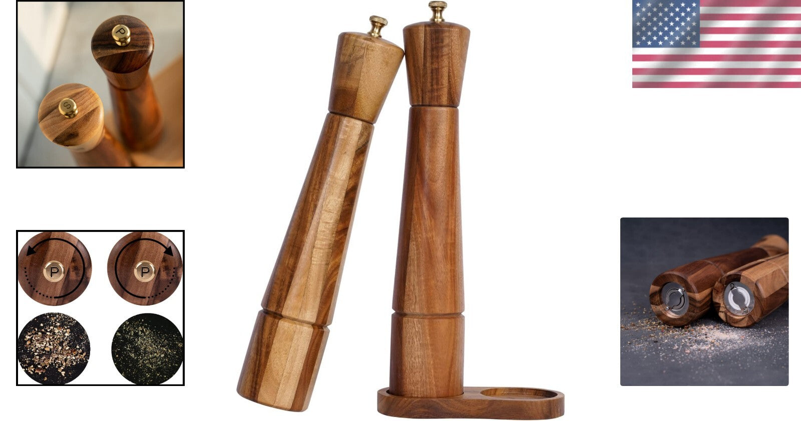 Elegant Acacia Wood Salt and Pepper Grinder Set with Adjustable Ceramic Mill