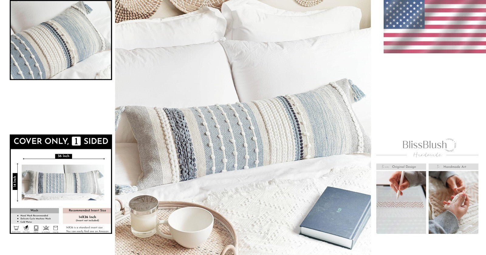 Artisan-Made 14x36 Coastal Blue Decorative Lumbar Pillow Cover for Modern Spaces