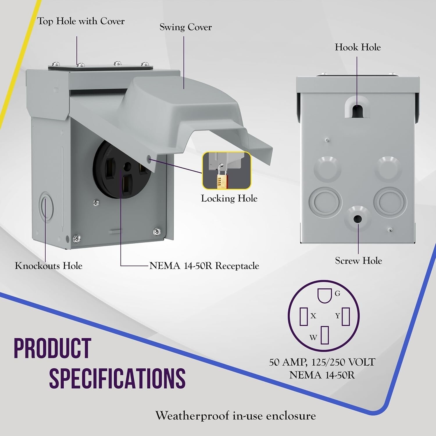 50 Amp Weatherproof NEMA 14-50R Lockable RV Power Outlet Box for Outdoor Use