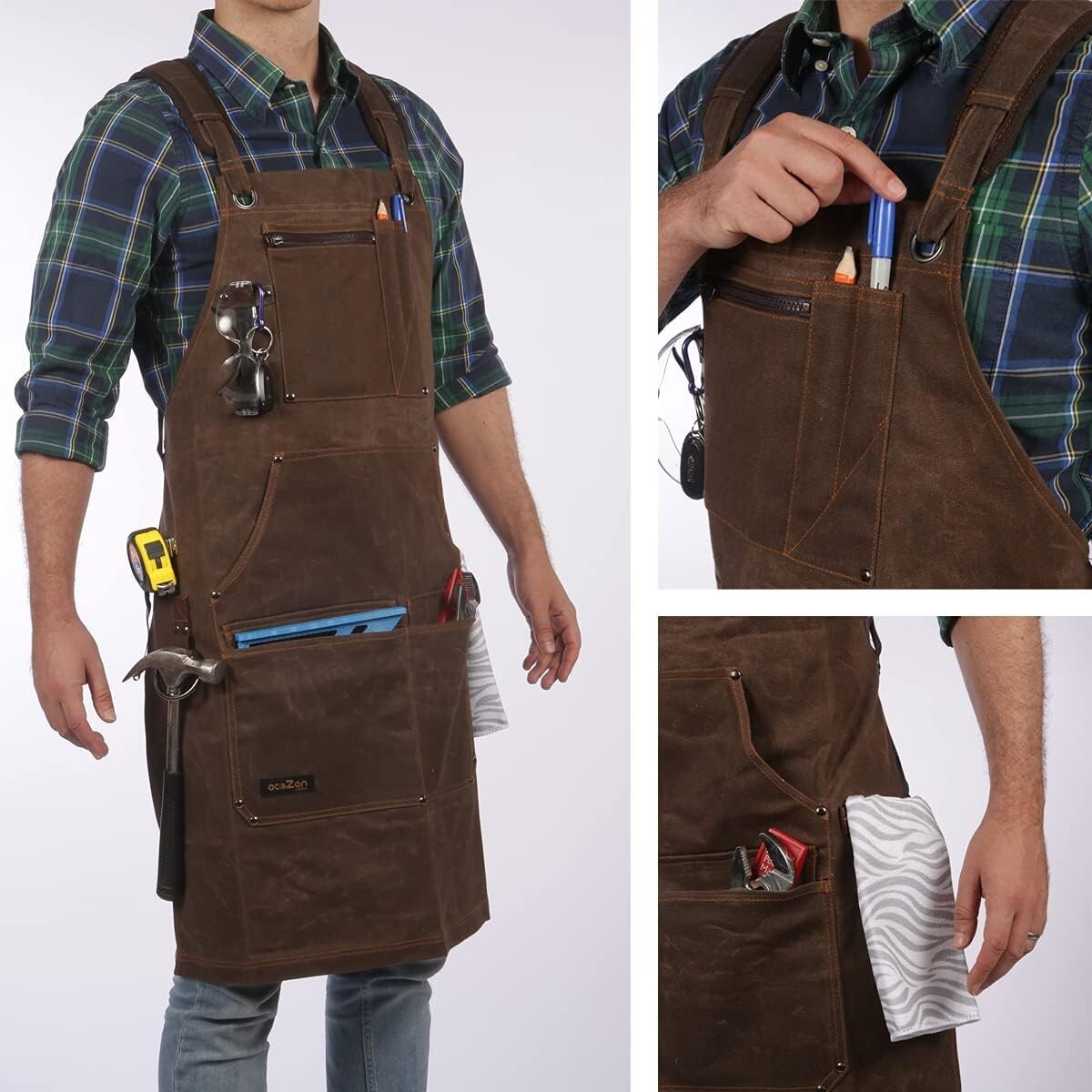 Extra Long Fully Adjustable Waxed Canvas Shop Apron with 6 Pockets for Comfort
