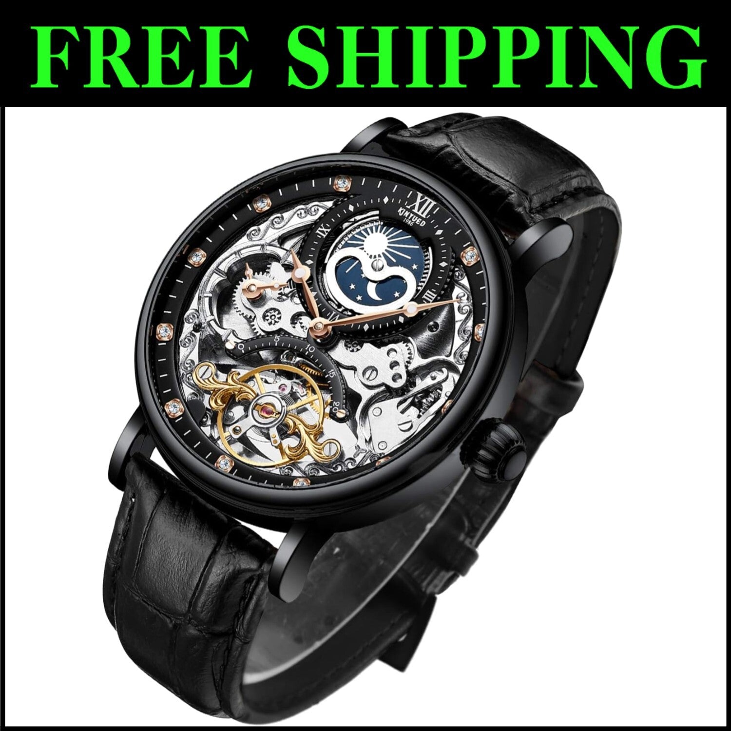 Men's Luxury Skeleton Automatic Watch with Luminous Hands & Moon Phase – Elegant
