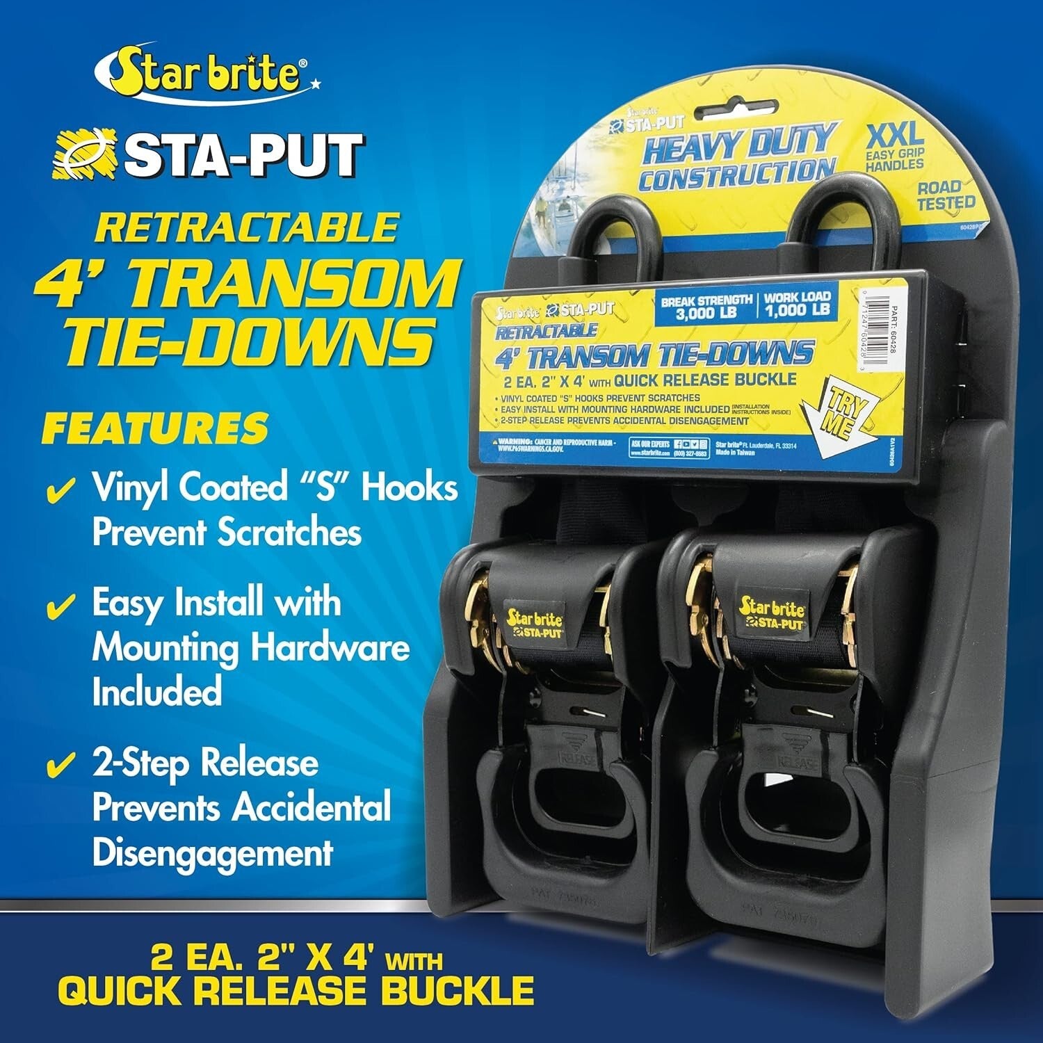 Secure Your Boat - 4' Heavy-Duty Retractable Tie-Downs with STA-PUT Technology