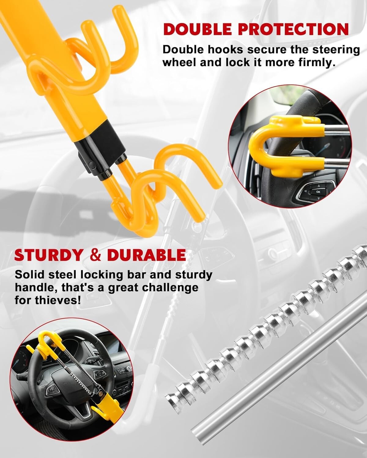 Adjustable Antitheft Steering Wheel Lock with 3 Keys - Bright Deterrent for Cars