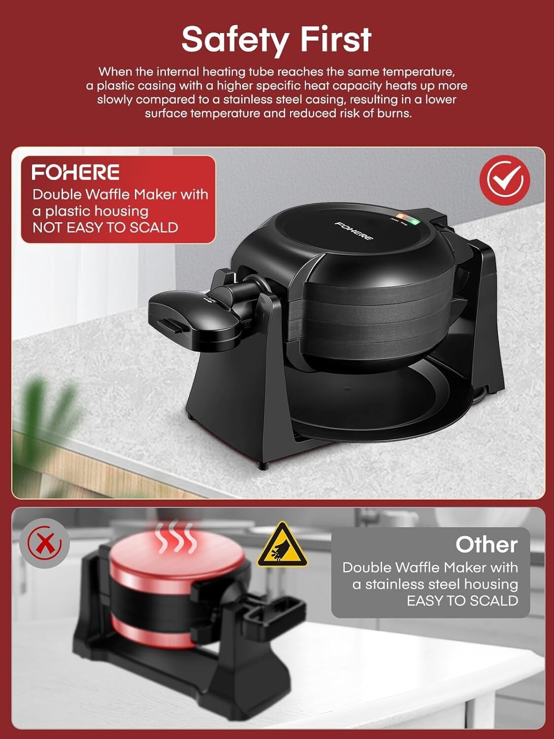 Double-Sided 180° Flip Waffle Maker - Nonstick Plates & Removable Drip Tray