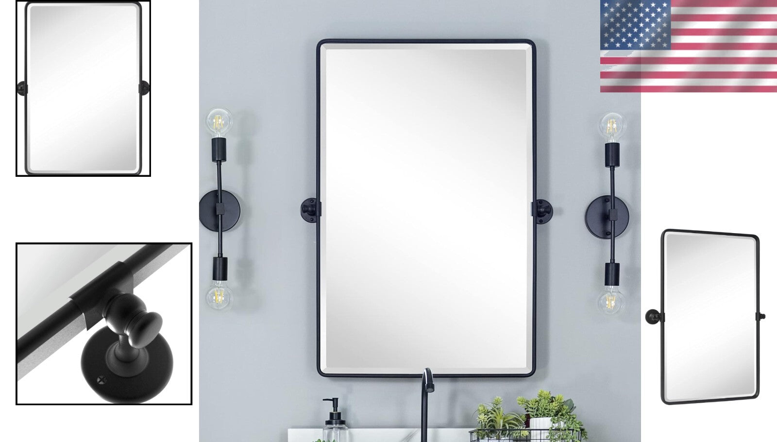 Beveled Rectangular Black Metal Framed Bathroom Mirror - 30x20" Tilting Design