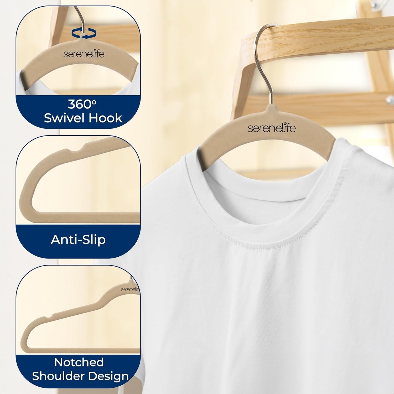 50 Pack Ivory Velvet Hangers - Non-Slip with 360° Swivel Hook - Space-Saving ...