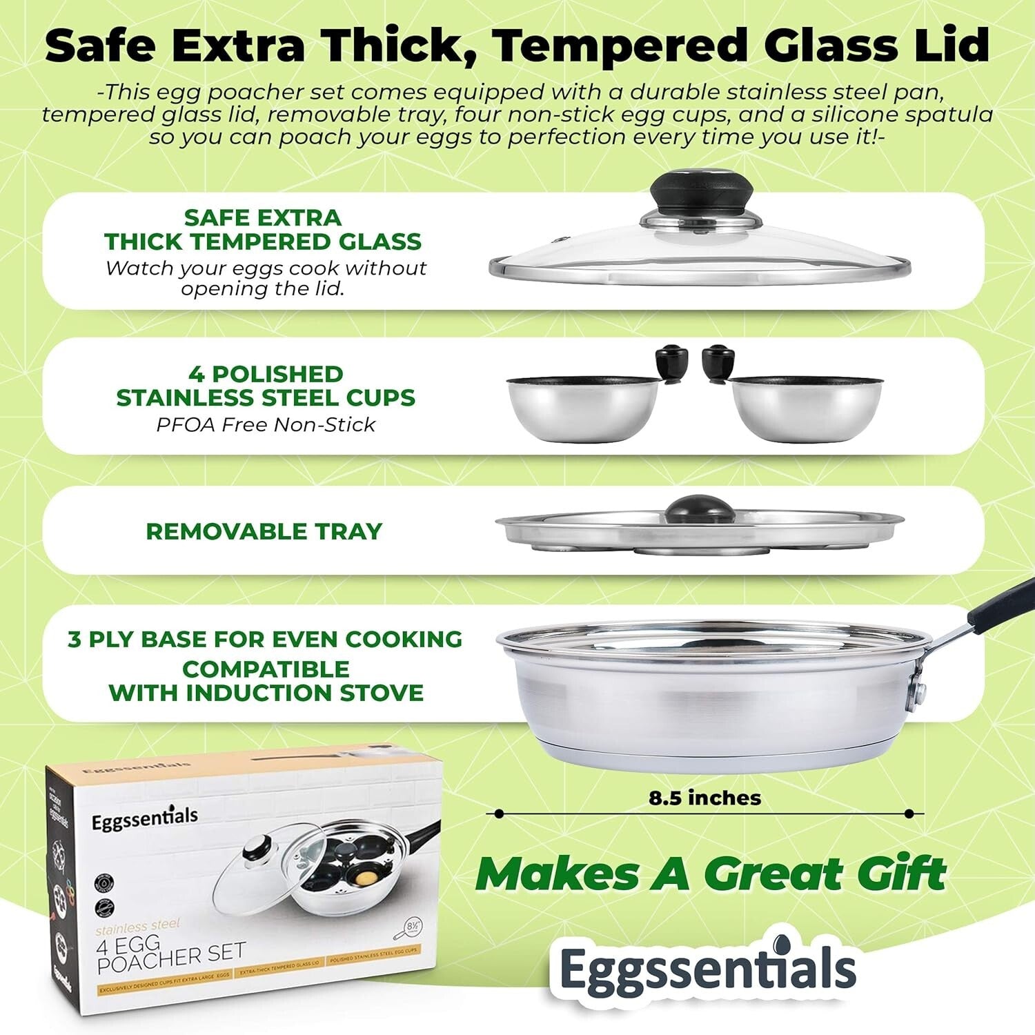 Deluxe Stainless Steel Egg Poacher with 4 Large Cups and Tempered Glass Lid