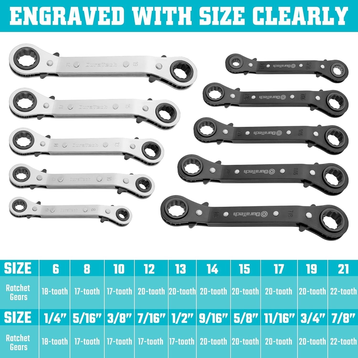 10-Piece Reversible Ratcheting Wrench Set with Offset Box Ends, SAE & Metric