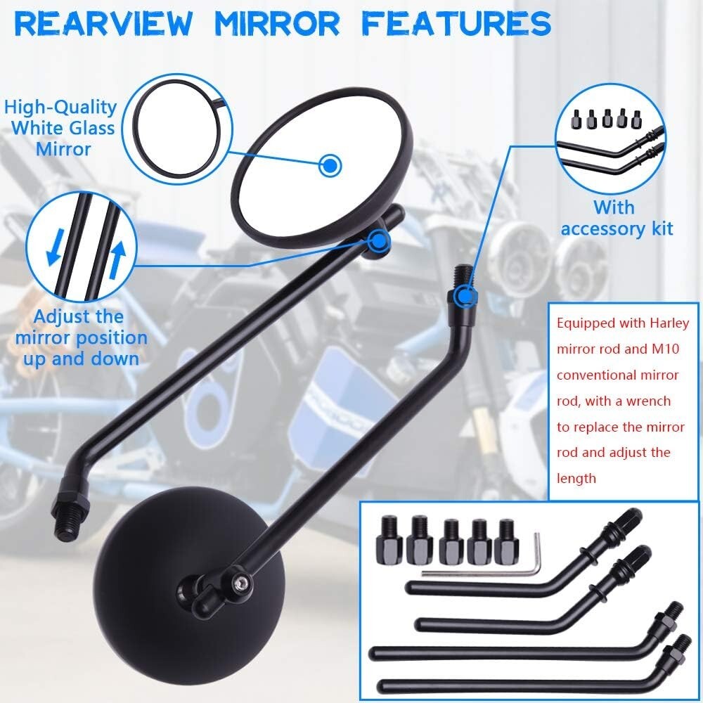 Aluminum 3" Round Mirrors - Black Handlebar Mount for Cruiser & Bobber Bikes