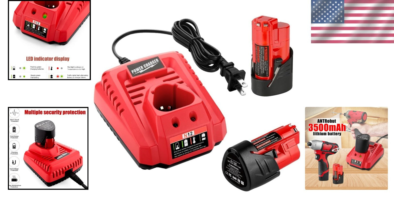 Professional 2-Pack 3500mAh Milwaukee M12 Batteries with Rapid Charger Included
