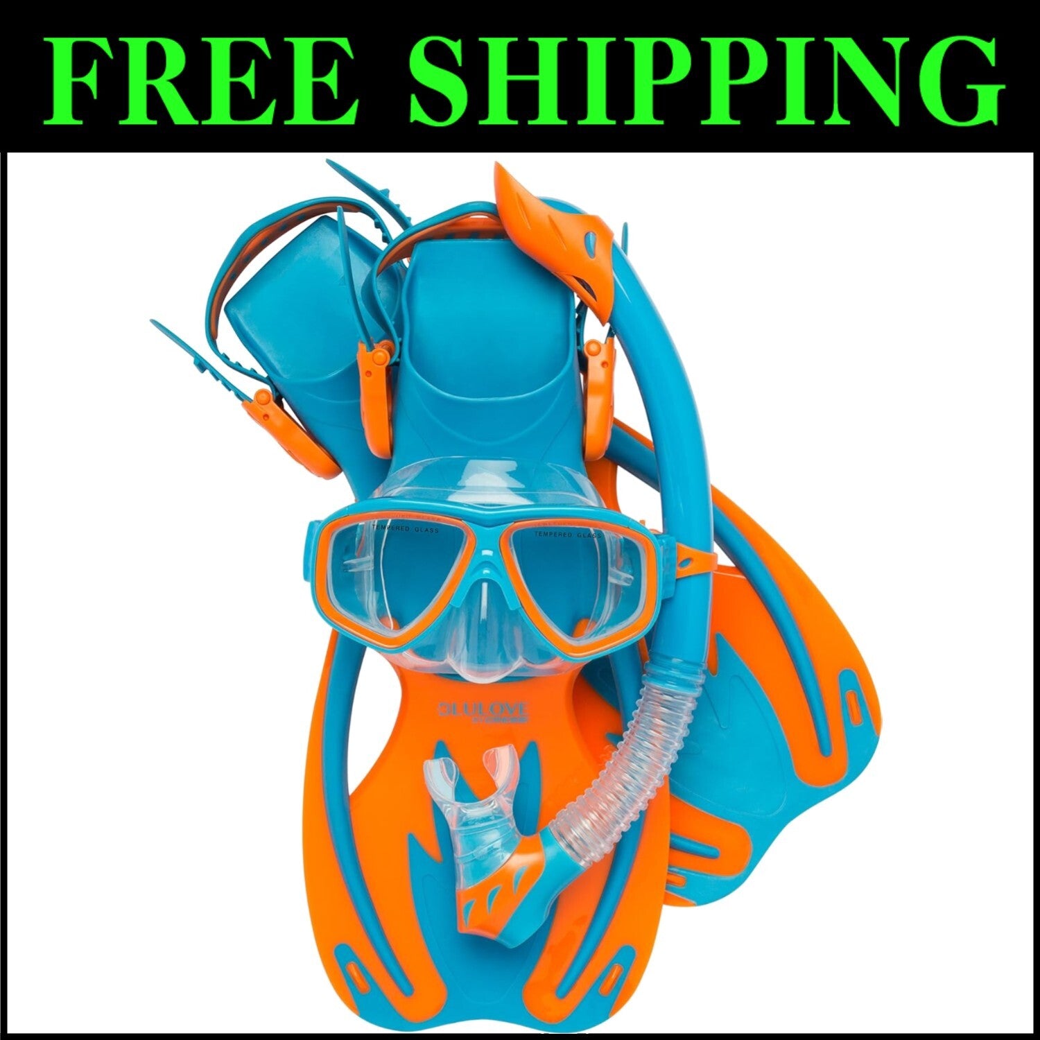 Blue/Orange Rocks Kids Snorkel Gear - Complete Mask, Fins & Splash Guard Snorkel