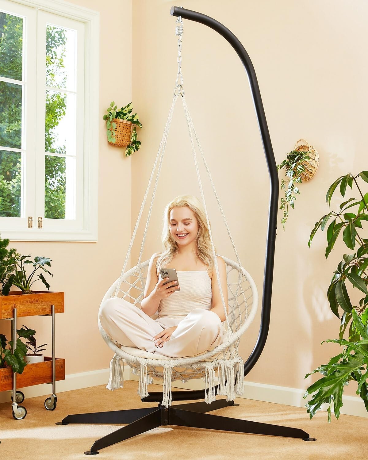 Versatile Macrame Hanging Chair with Adjustable Cushion – 330lbs Capacity, Beige