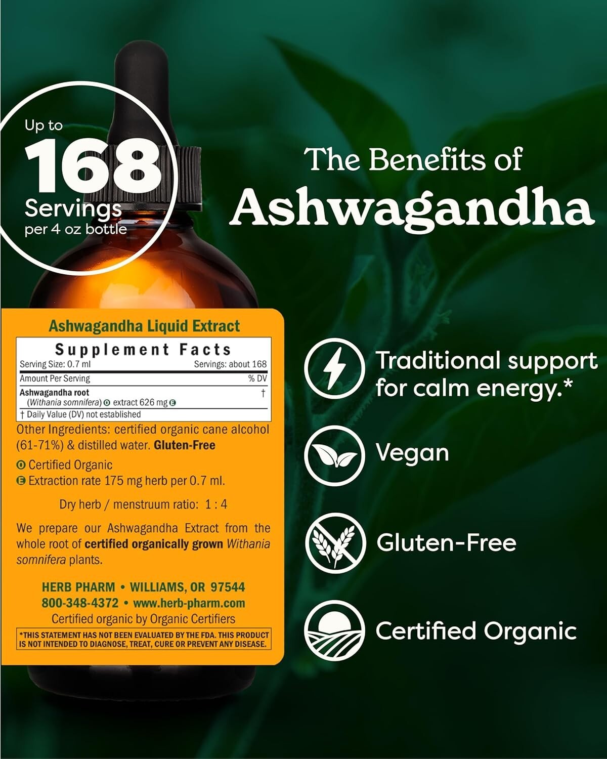 Certified Organic Ashwagandha Extract for Stress Relief & Energy Booster - 4 oz