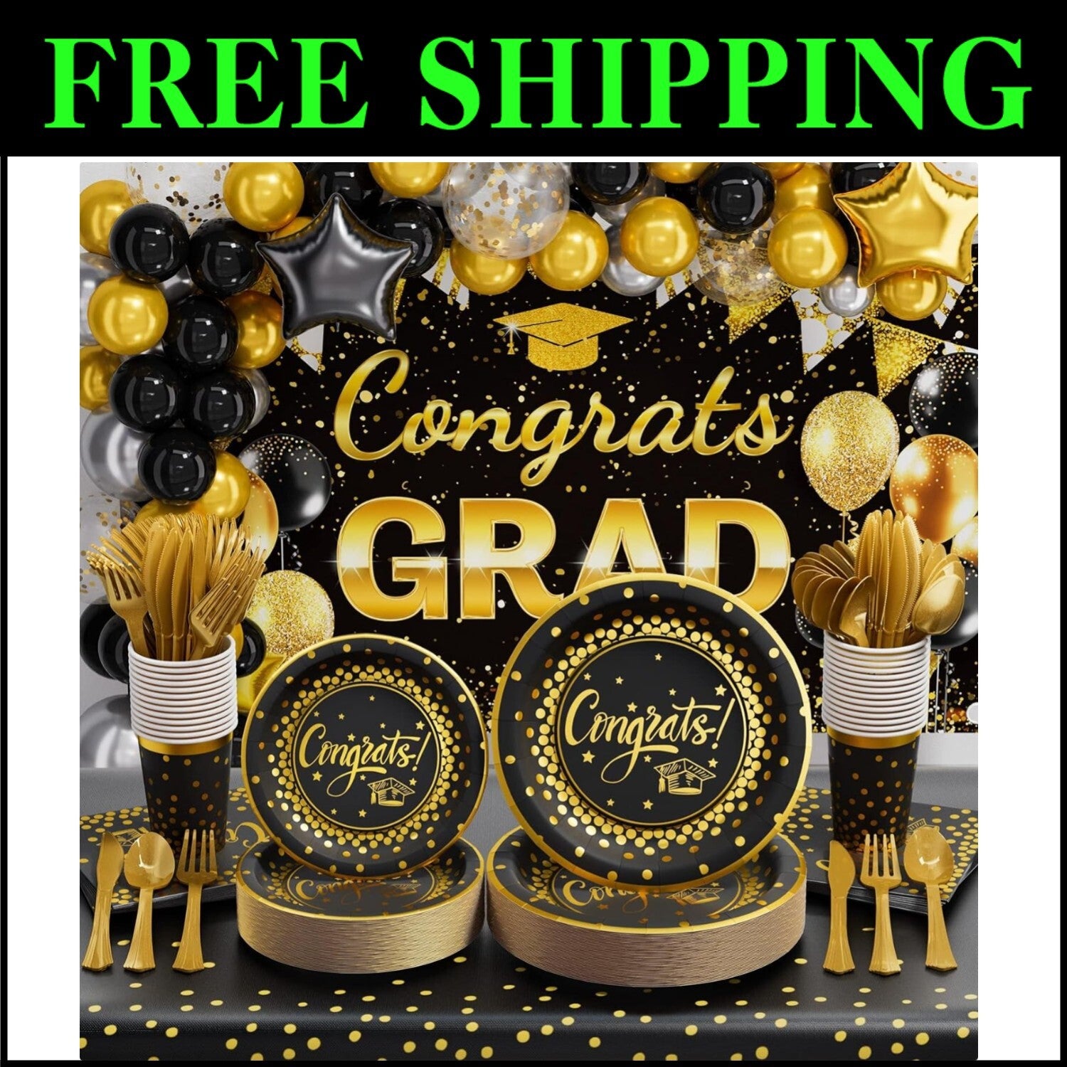 One-Stop Graduation Party Kit - 245pcs Black & Gold Supplies for Easy Hosting