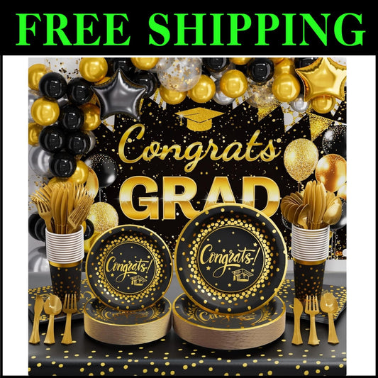 One-Stop Graduation Party Kit - 245pcs Black & Gold Supplies for Easy Hosting