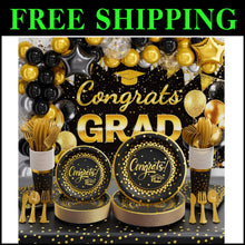 Load image into Gallery viewer, One-Stop Graduation Party Kit - 245pcs Black &amp; Gold Supplies for Easy Hosting