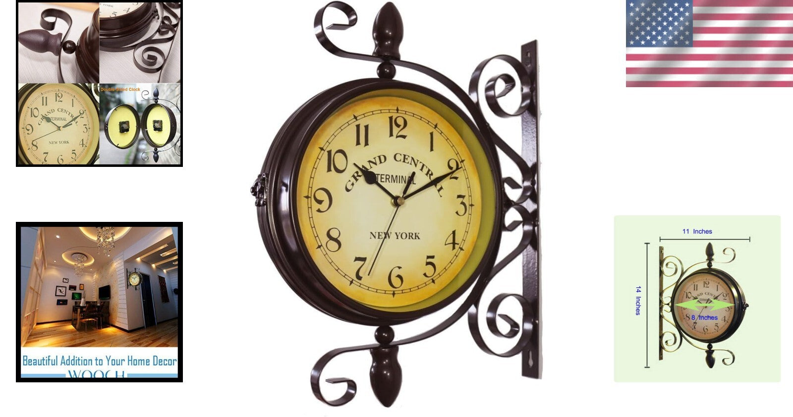 Chic 8-Inch Double-Sided Retro Station Wall Clock – Silent Wrought Iron Design
