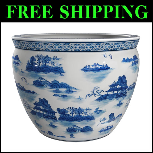 Artisanal 16" Floral Patterned Blue & White Fishbowl Planter – Timeless Elegance