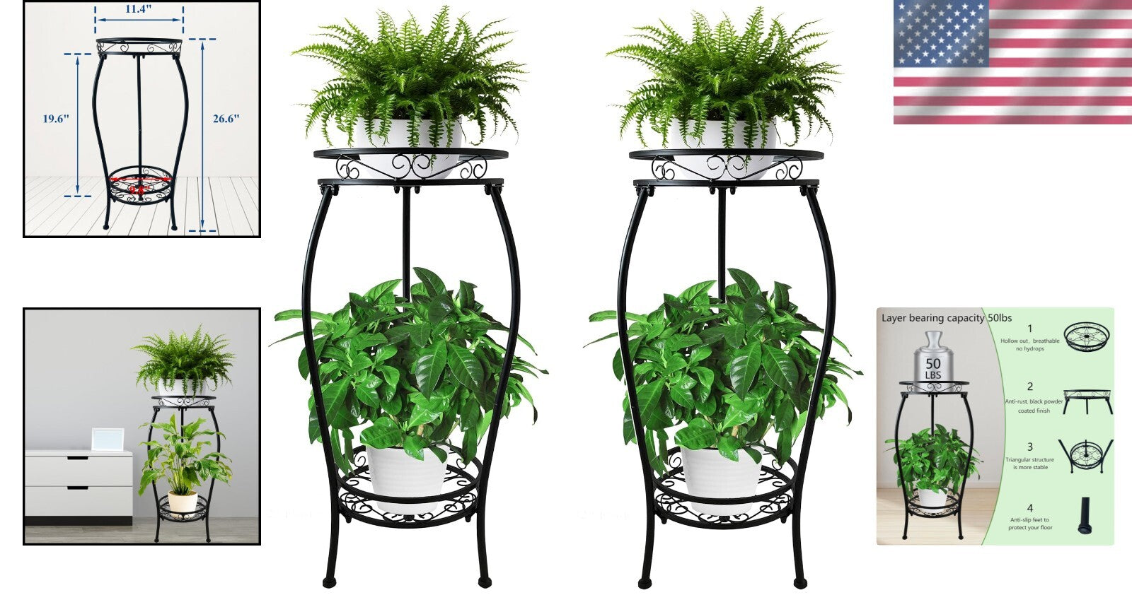 CASIMR 2-Pack 26.6'' Tall Metal Plant Stand – Rustproof & Indoor/Outdoor Use