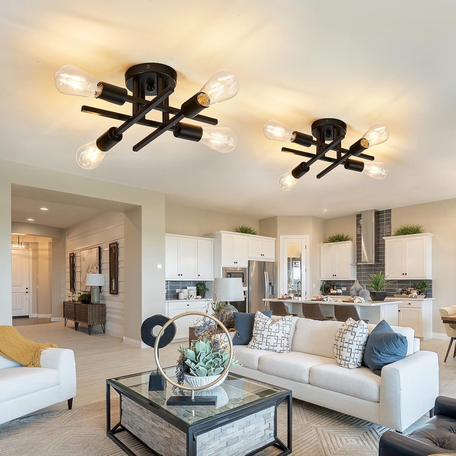 2-Pack Modern Dimmable 4-Light Semi Flush Mount Ceiling Fixture in Matte Black