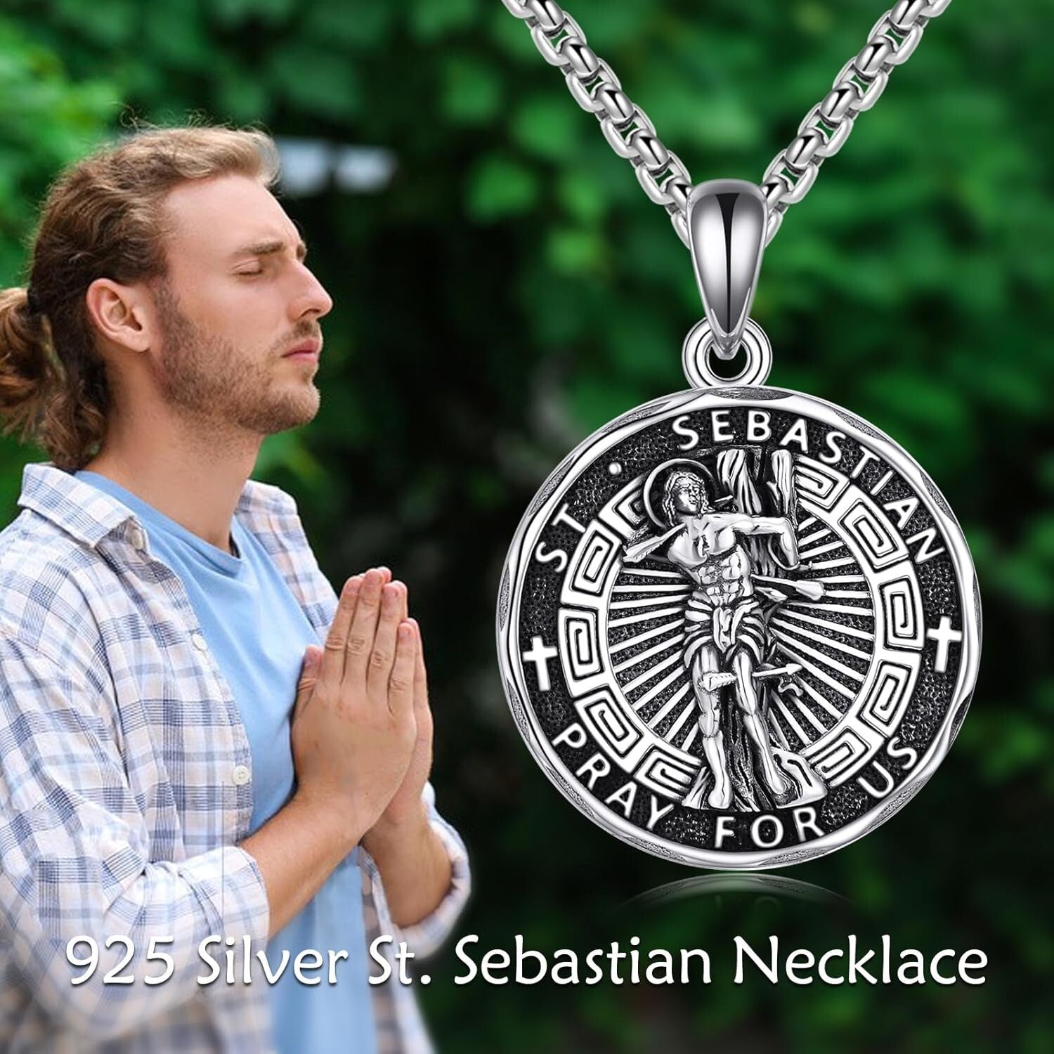 Sterling Silver Saint Sebastian Necklace - Religious Amulet for Both Men & Women