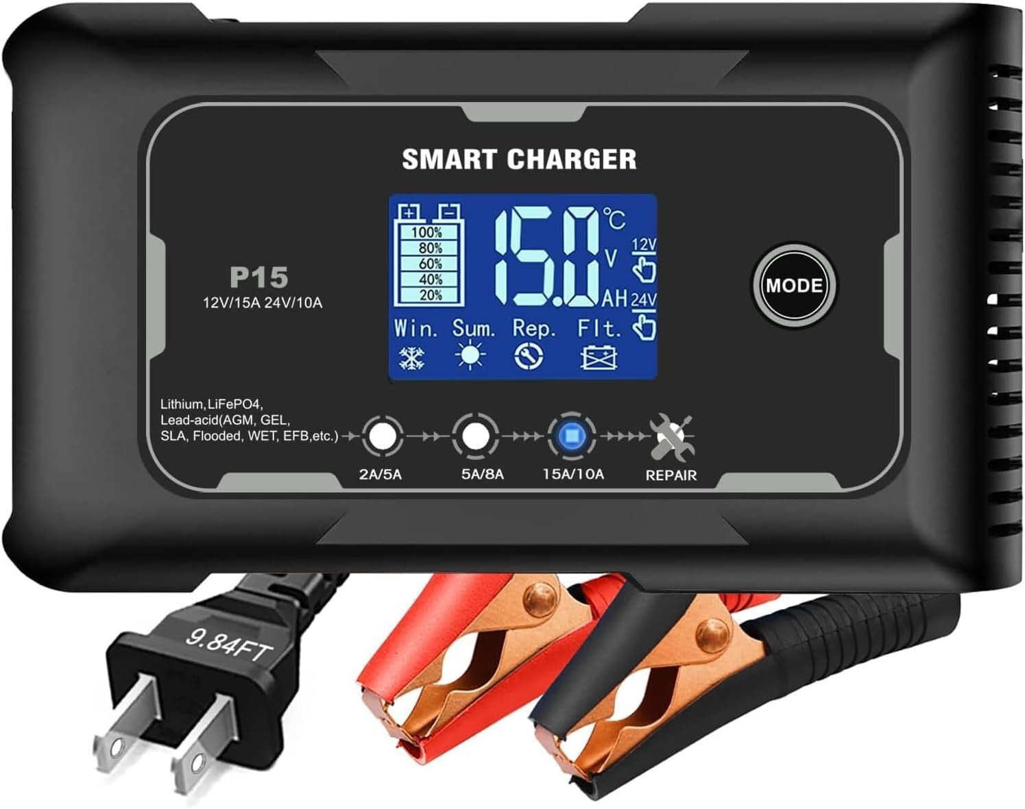Fully-Automatic 15A Charger for 12V/24V Deep Cycle Batteries with LCD Display